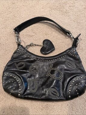 bebe y2k Black Studded Leather Hobo Shoulder Bag with Heart Charm